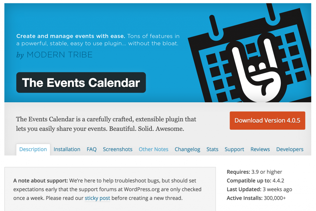 The Events Calendar plugin page in the wordpress directory