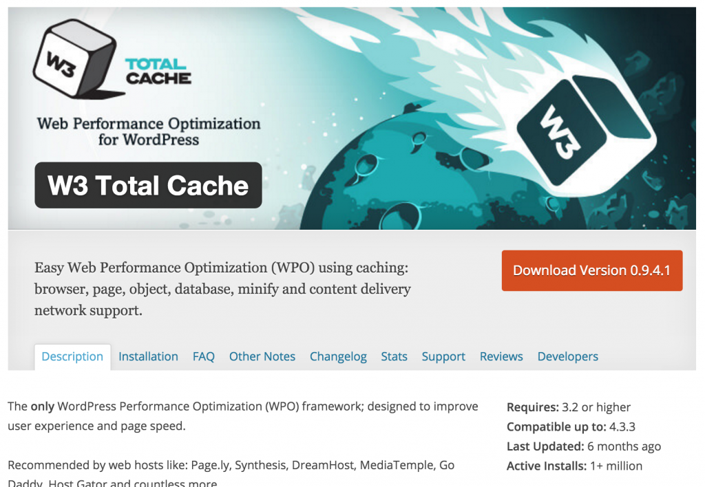 The W3 Total Cache plugin page in the wordpress directory