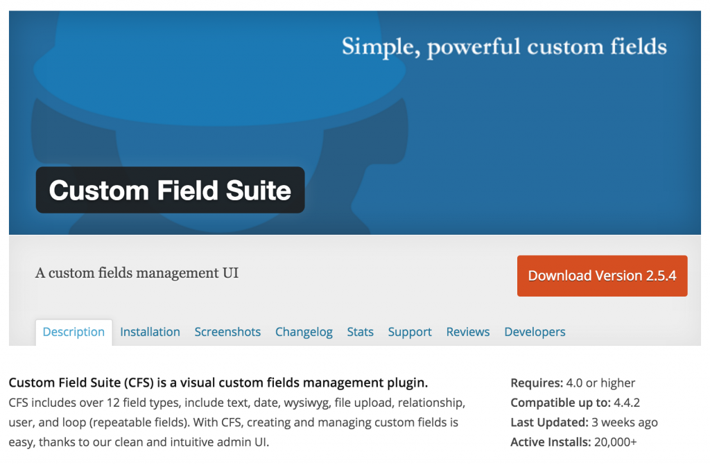 The Custom Field Suite plugin page in the wordpress directory