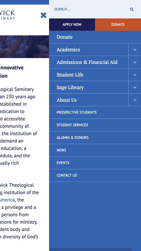 New Brunswick Theological Seminary mobile menu, expanded