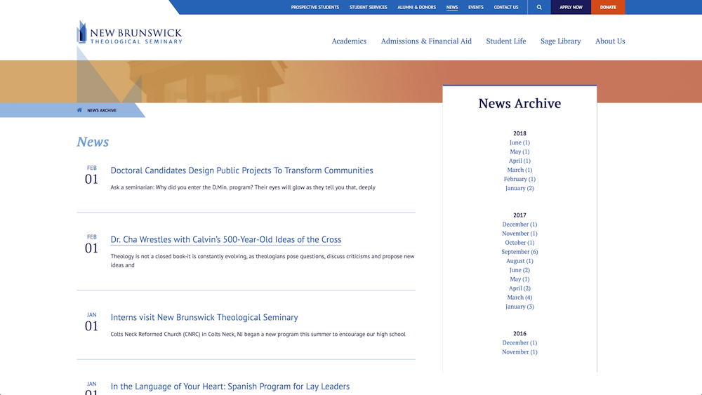 New Brunswick Theological Seminary news feed on site