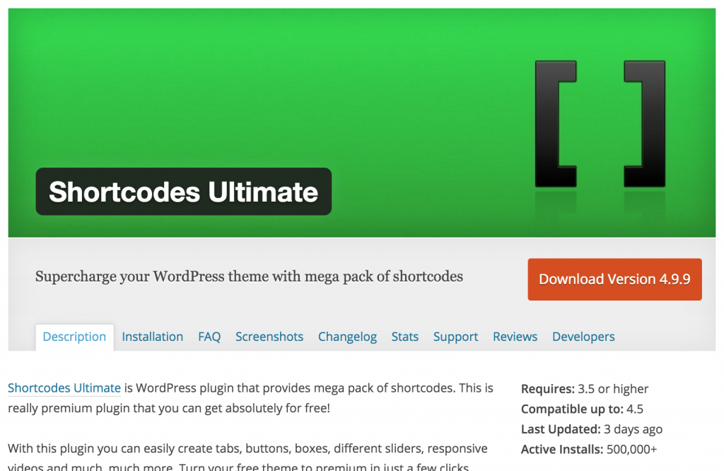 Shortcodes ultimate plugin page in the wordpress directory