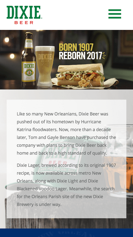 dixie website homepage on mobile