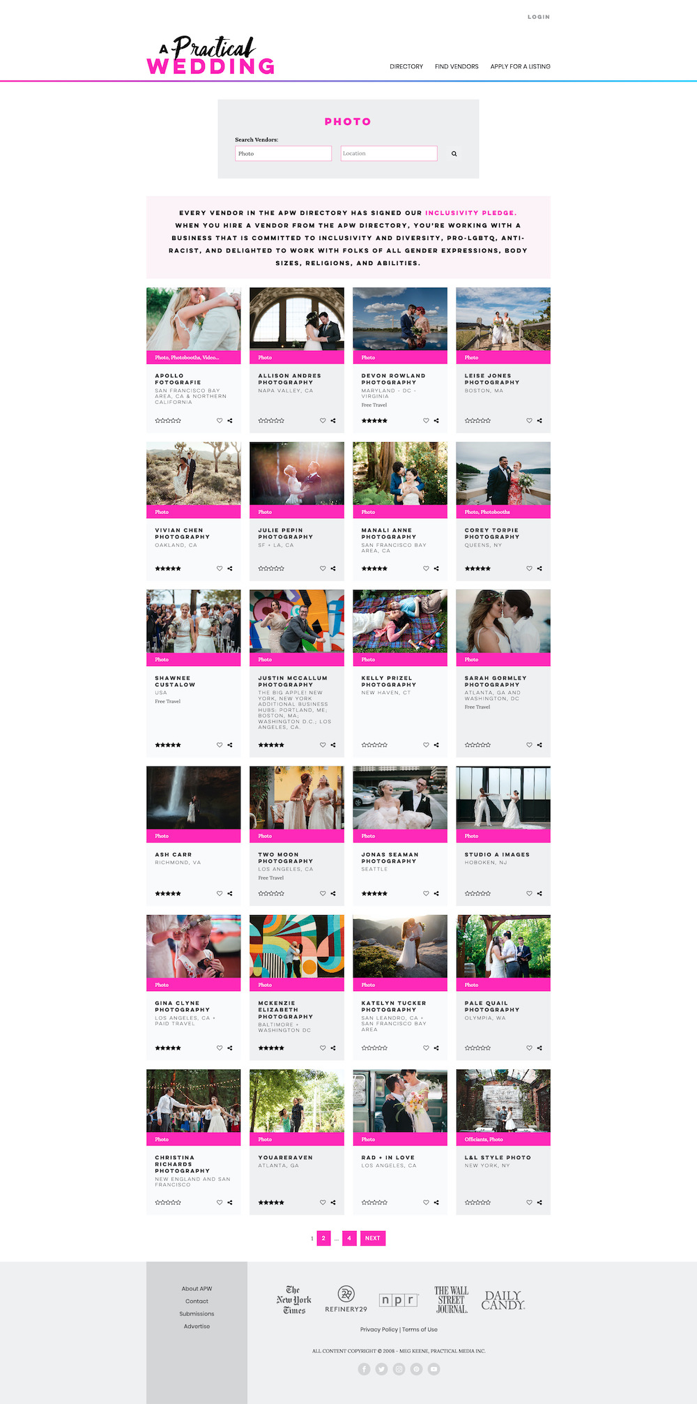 Screenshot of vendor category page