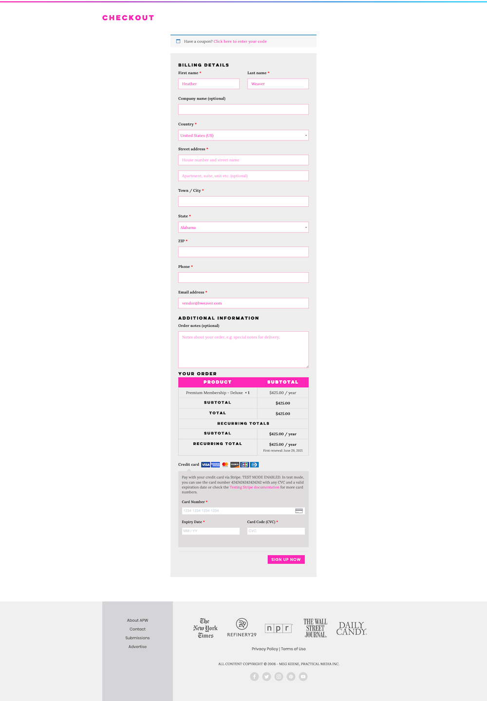Screenshot of directory checkout page