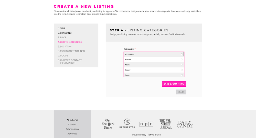 Screenshot of edit listing page