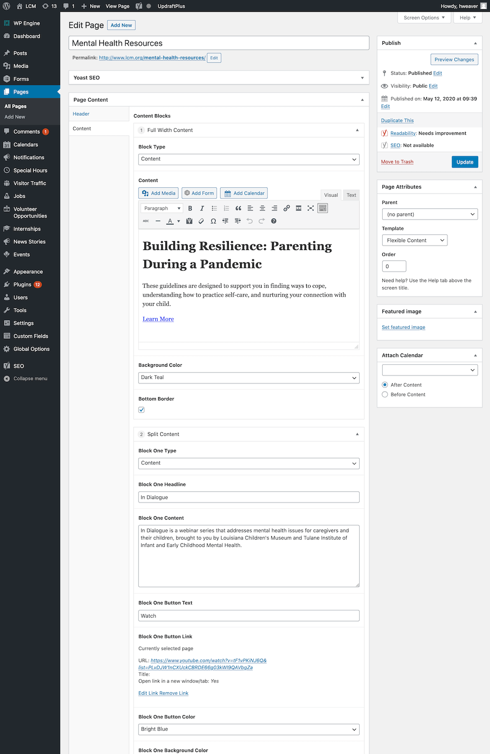 Screenshot of wordpress area to create a custom block page