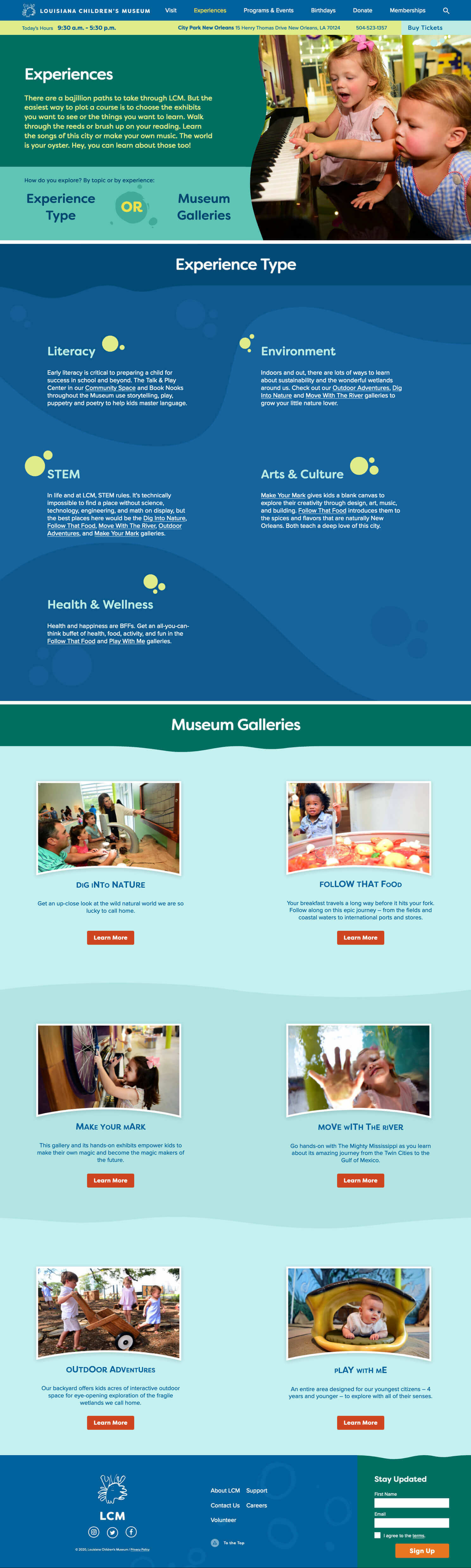 Screenshot of experiences homepage