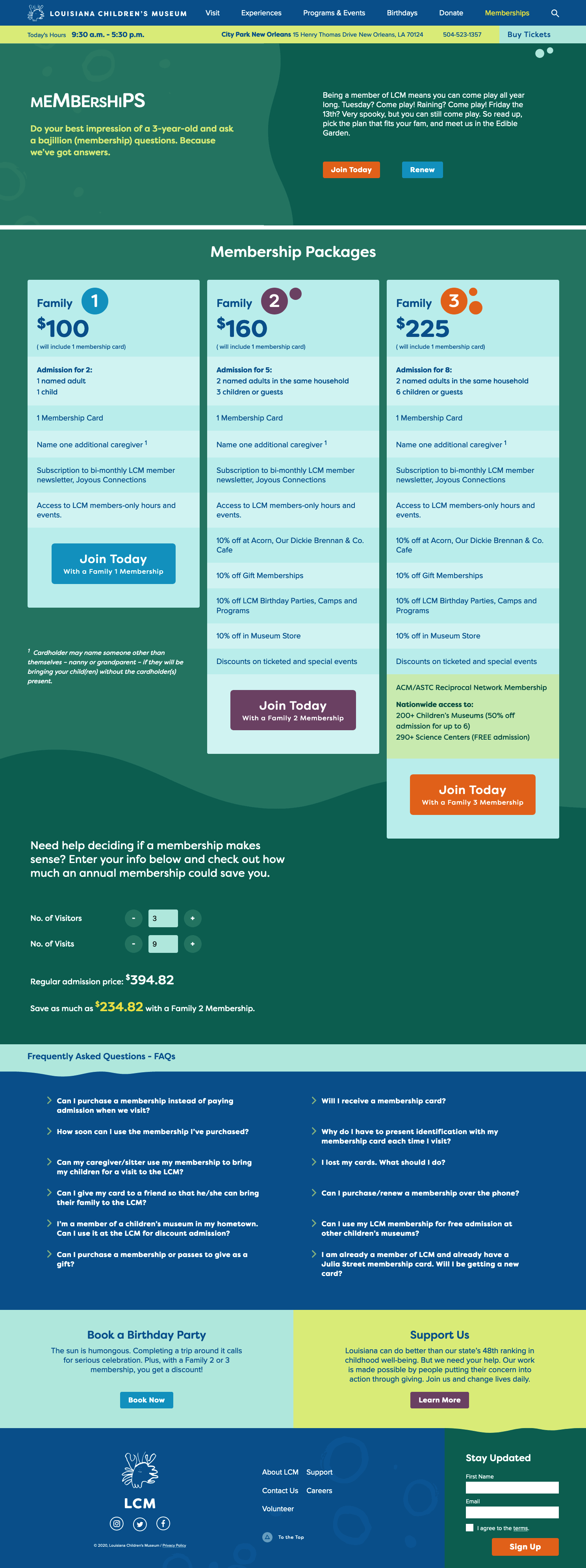 Screenshot of memberships web page
