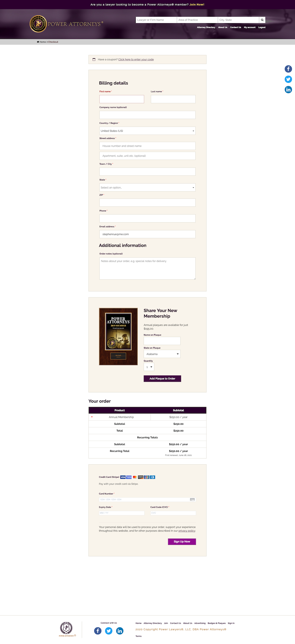 Screenshot of join and checkout process