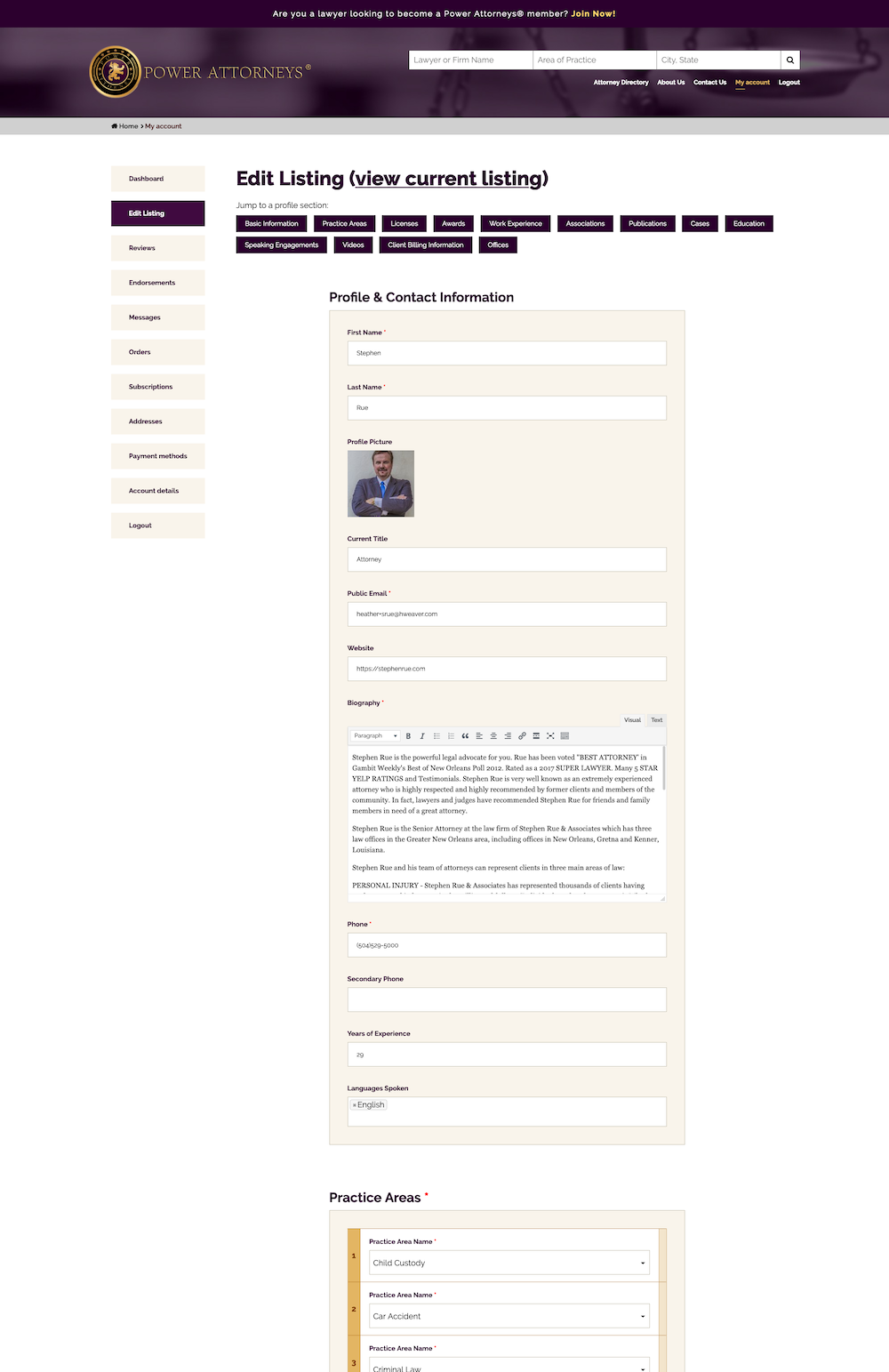 Screenshot of editing an attorney profile