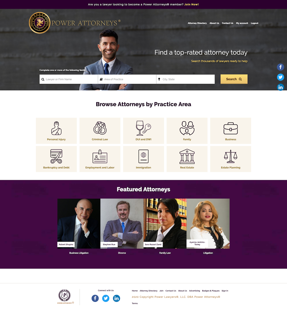 Screenshot of power attorneys website homepage