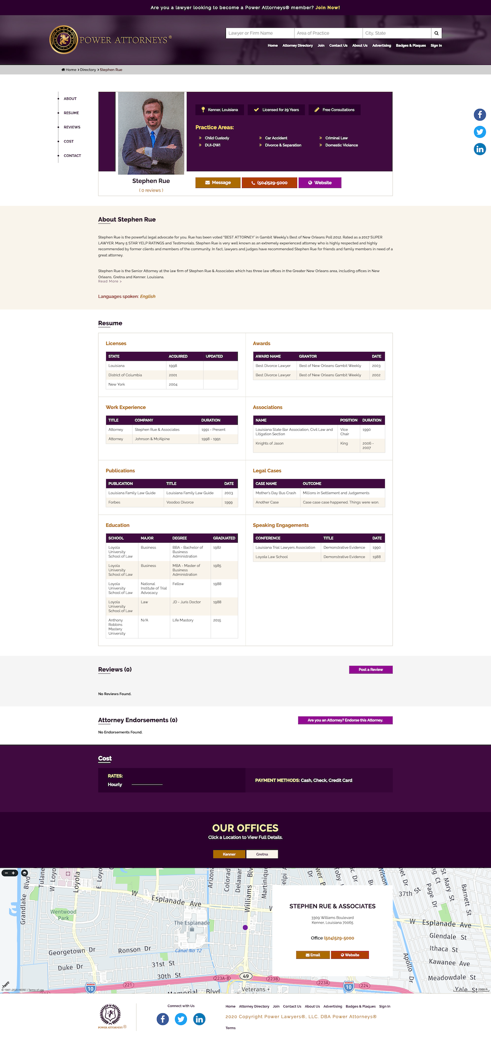 Screenshot of attorney profile page