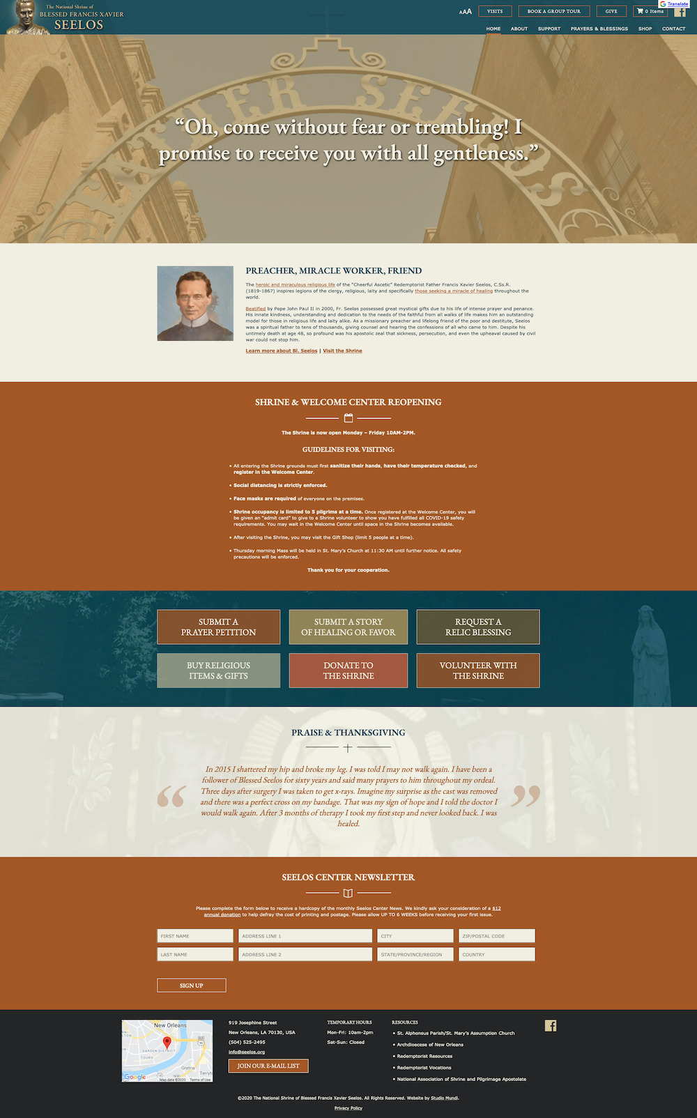 Screenshot of seelos center website homepage