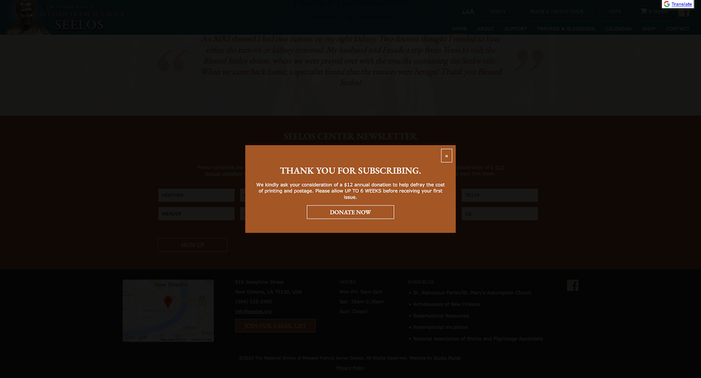 Screenshot of seelos center newsletter popup