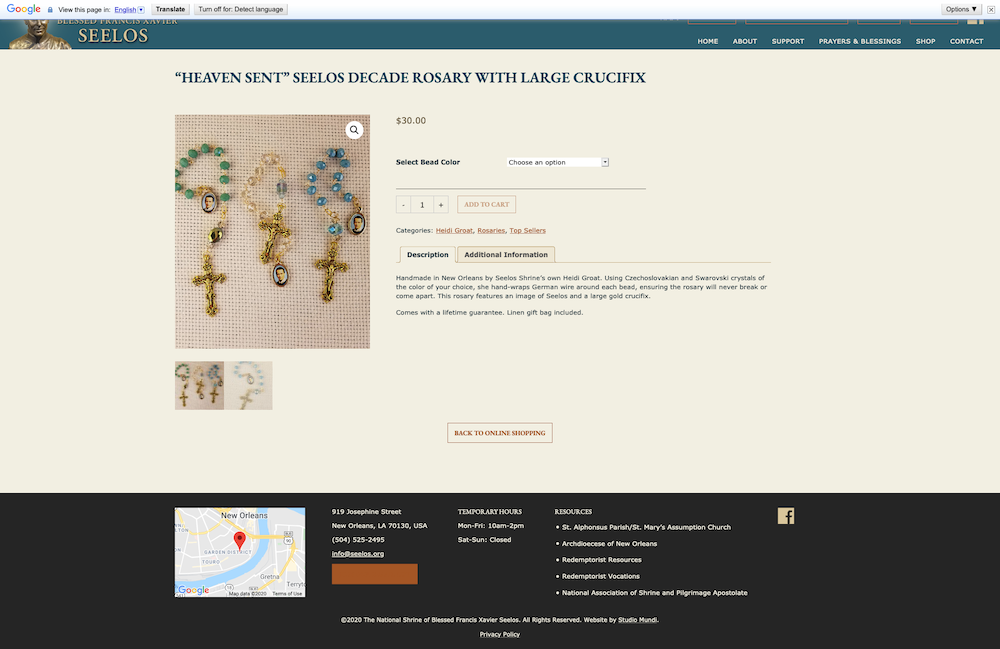 Screenshot of product page