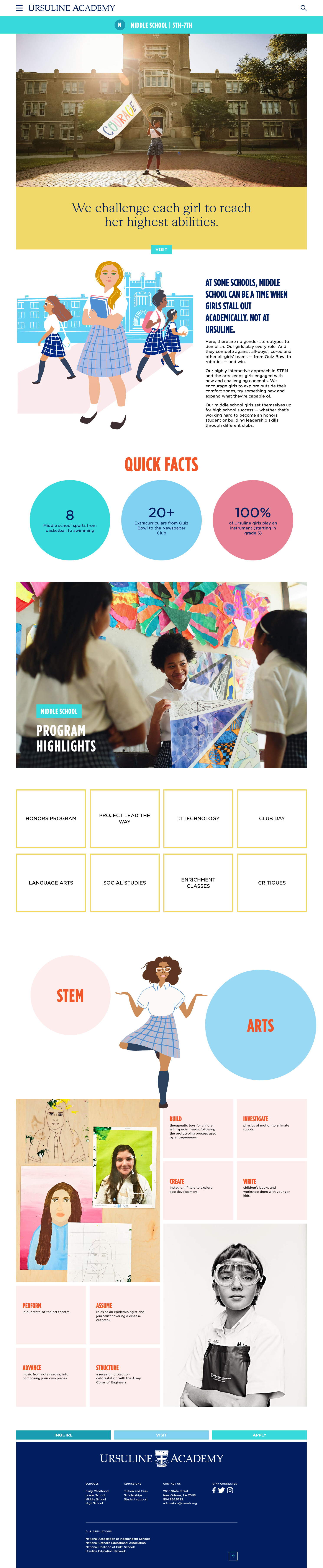Screenshot of middle school landing page