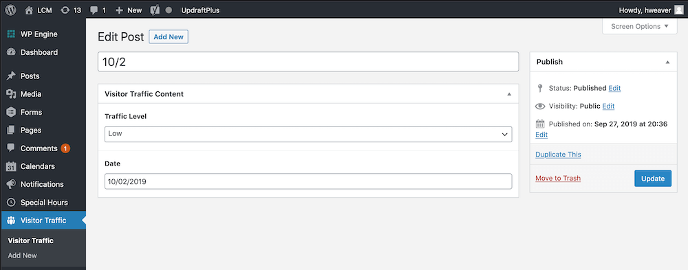 Screenshot of admin area to add new visitor traffic value