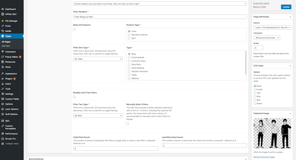Screenshot of resource filter options in backend
